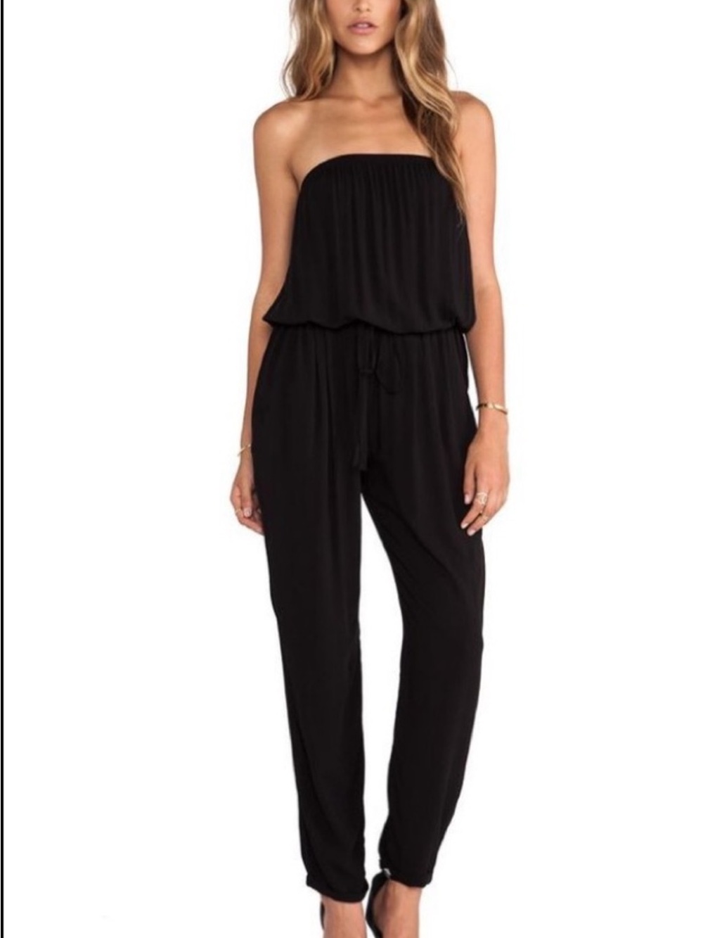 Velvet by Graham & Spencer Black Strapless Drawstring Jumpsuit